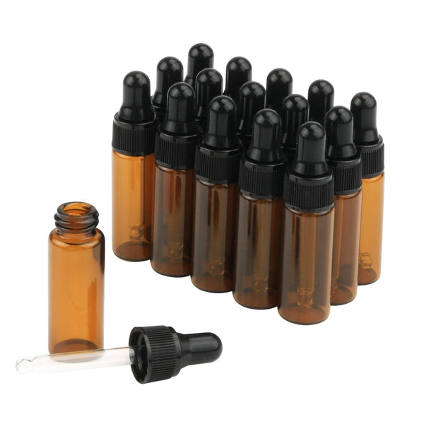 15Pcs Amber Glass Dropping Bottles (1ml, 2ml, 3ml, 5ml) - Mini Essential Oil Dropper Bottles with Black Cap