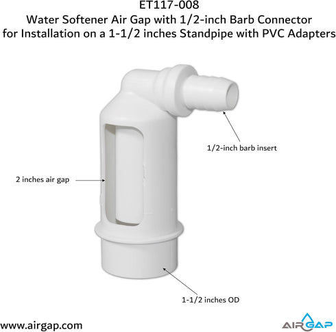 Water Softener Air Gap with 1/2-inch Barb Connector for Installation on 1-1/2-inch Standpipe with PVC Trap Adapters