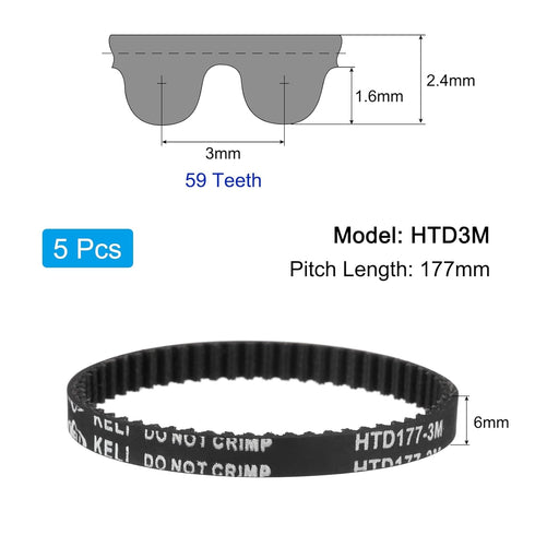 uxcell 5pcs HTD-3M Rubber Timing Belt 59 Teeth, 177mm Pitch Length x 6mm Width x 2.4mm Height, Closed Loop Pulley Timing Belt