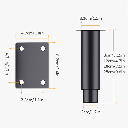 KGUDYS 4 Screws,Black-8cm(3.15in) pcs Furniture Legs,Support Feet,Height Adjustable,Replacement Sofa,TV Cabinet,Bedside