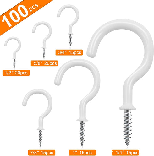 100 PCS Screw in Cup Hooks, 6 Size Vinyl Coated Screw Hooks for Indoor & Outdoor Use, White
