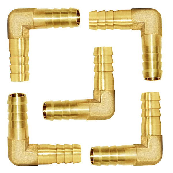 Joywayus 5Pcs 1/4" Hose ID/Hose Barb - 90 Degree L Right Angle Elbow Union Brass Fitting for Water/Fuel/Air