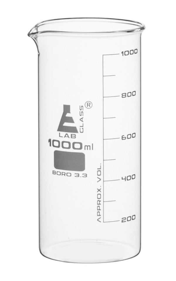 Eisco Labs 1000mL Beaker, Tall Form with Spout, Borosilicate 3.3 Glass, 100mL Graduations