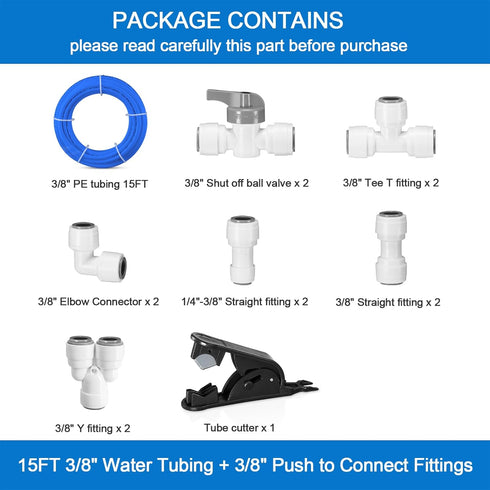 3/8" O.D. RO Water Tubing: 15FT Food Grade PE Line + 12Pcs Quick Connect Fittings for RO Water Purifier System