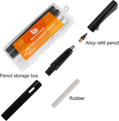 Everlasting Pencils 0.7mm Inkless Pen, 4Pcs Pencils with 8Pcs Replaceable Leads (Black White) Lapiz Infinito No Sharpen