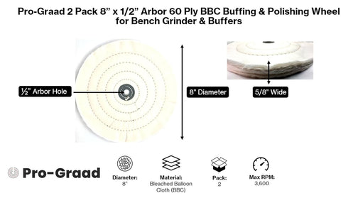 2 Pack 8” BBC Buffing Wheel, 60 Ply, Bleached Balloon Cloth 133x72 Thread Count, 1/2” Arbor Hole for Bench Motor, Silky & Ultra Smooth Buffing & Polishing Wheel for Final Finish with Rouge