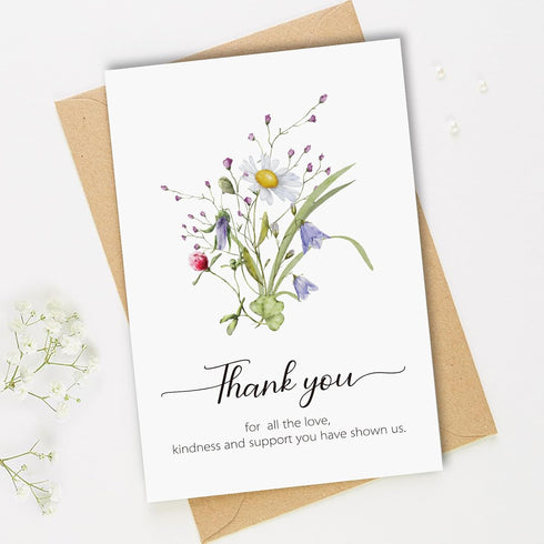 50 5 4x6in Funeral Thank You Cards with Envelopes, Designs, Watercolor Wildflower Bereavement Sympathy Thank You Card