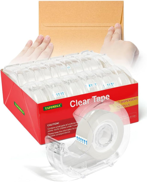 Clear Tape Rolls - 12 Pack Transparent Bulk with Dispensers, 7/10 X 1000 Inches Glossy Office Tape