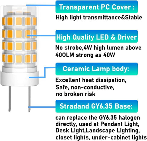 2-Pack GY6.35 Bulb 4W GY6.35 40W GY6.35 Bulb T4 Bulb 12V Dimmable 3000K, 12V) LED Bi-pin Base Halogen Replacement JC