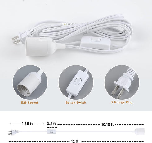 Simple Deluxe E26 12ft-White-1Pack Hanging Lantern Extension Cord Cable, Plug-in Pendant Light Socket with On/Off