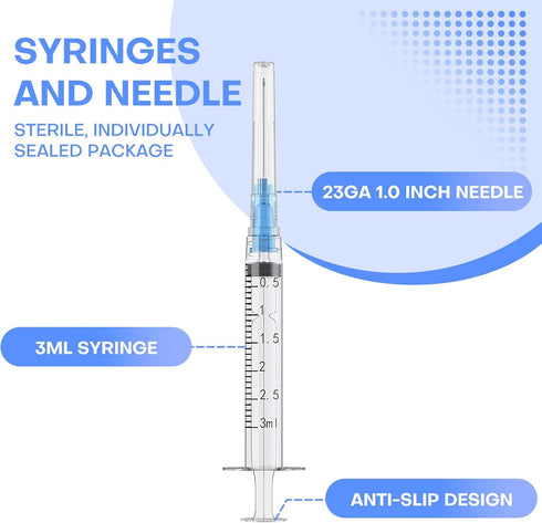 3ml Syringes with 23 Gauge 1 Inch Needles, Luer Lock Disposable, Individually Packaged of 100