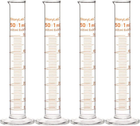 StonyLab 4-Pack Borosilicate Glass 50ml Graduated Measuring Cylinder, Heavy Wall
