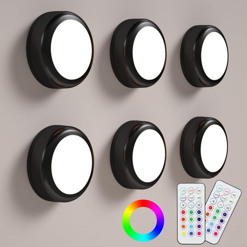 BESTDLCLITE 13-Color Dimmable Closet/Shelf/Wall (Black-6 Pack) LED Puck Lights with Remote, Under Cabinet Lighting