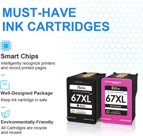 Remanufactured Ink Cartridge Replacement for HP 67 67XL, 1 Black 1 Color for Envy and DeskJet Printers