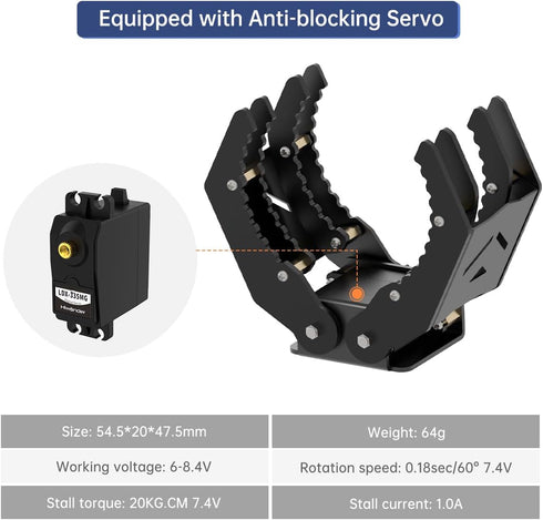 Mechanical Claw Gripper Robotic Arm DIY Robot Building Accessory Replacement Parts (Black Mechanical Claw with Servo