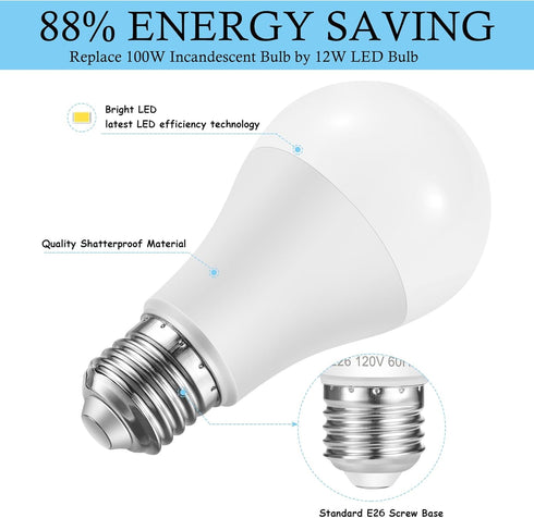E26 LED Bulb, 100W Equivalent, 12W Medium Base, Non-Dimmable, Daylight White 6500K, 10 Pack