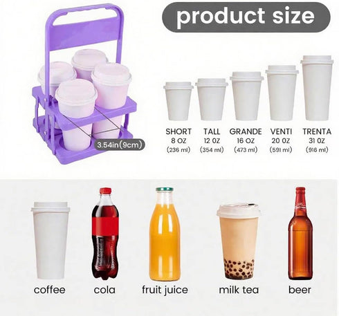 4 Bodaon Cup Drink Carrier with Handle, Plastic Cup Carriers for Drinks, Drink Holder Car, Take Out Delivery Drivers