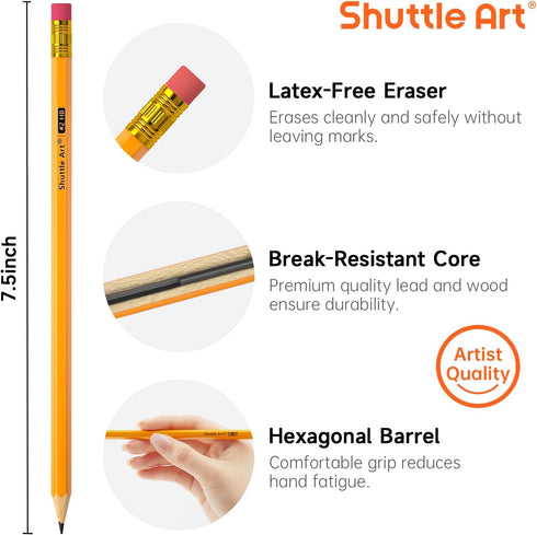 Shuttle Art 60 Pack Premium Woodcased Yellow Pencils, 2 HB, Pre-sharpened with Top Erasers for Classroom & School