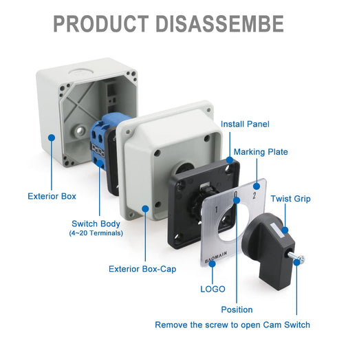 Baomain Universal Rotary Changeover Switch - SZW26-20/D202.2D-W with Wider Master Switch Exterior Box, 660V 20A, 3
