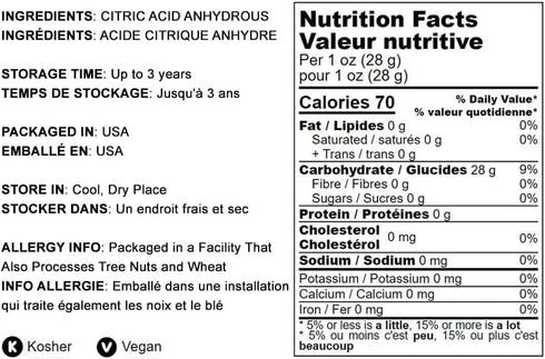 Food to Live Citric Acid Powder, 4 Ounces, Anhydrous Fine Granules, Food Grade Lemon Salt for Cheese Making