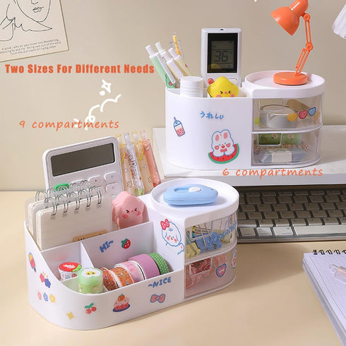 Kawaii Stationery Storage Box, Makeup Organizer with 2 Drawers and 5 Compartments for Teen Girls
