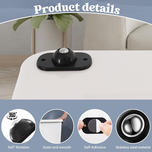 8 Pcs Self Adhesive Mini Swivel Caster Wheels, 360 Degree Rotation Sticky Pulley for Trash Can, Black
