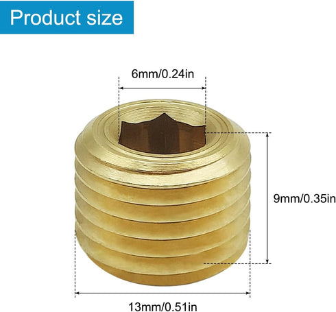 8 Pack 1/4 Inch NPT Male Brass Hex Counter Sunk Pipe Plug Kit for Water, Gas, Oil, Internal Hex Socket