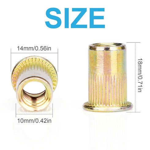 Vmuter 50 5/16"-18 Rivet Nuts, Pcs UNC, Carbon Steel Flat Head Rivnut Threaded Insert Nut, Knurled Body Nuts