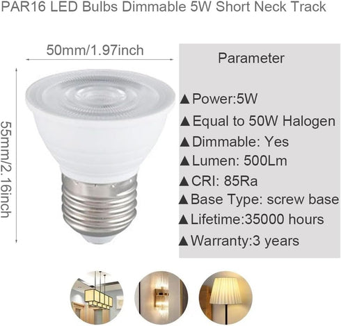 Rysa Light PAR16 Bulb 2700K,Dimmable,5W, 500LM, (50W Bulb Lamp,E26 Lights,10 Pack LED Light Short Neck LED Flood Lights