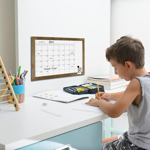 TORASO Dry Erase Monthly Calendar Board, Solid Pine Wood Rustic Brown Frame Magnetic Whiteboard for Wall