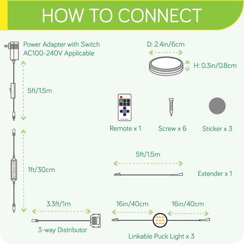 Dimmable, 120V 12V Counter 3 Kitchen Above Under Cabinet Lights Kit, Linkable Daisy Chained Wired Round LED Puck Light