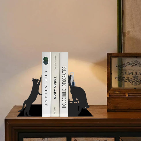Cat Book Ends for Shelves, Metal Decorative Book Ends with Pen Holder, Fun Unique Bookends, Cool Black Cat Bookends