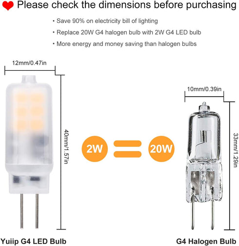 YUIIP G4 LED Light Bulb 2W AC/DC 12V Warm White 2700K Bi-Pin Base Lamp for Landscape Chandelier Lighting, Pack of 10