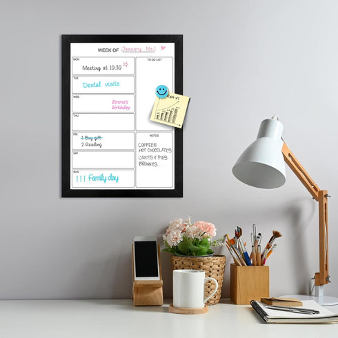 Weekly Dry Erase Whiteboard Calendar 15.7"x11.8", Magnetic Surface Memo Board for Wall, Black Wood Frame