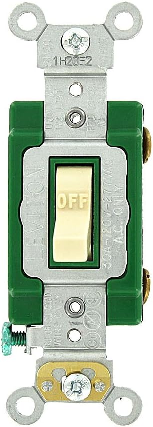 Leviton 3031-2I 30 Amp, 120/277 Volt, Toggle Single-Pole AC Quiet Switch, Extra Heavy Duty Grade, Self Grounding, Ivory by Leviton