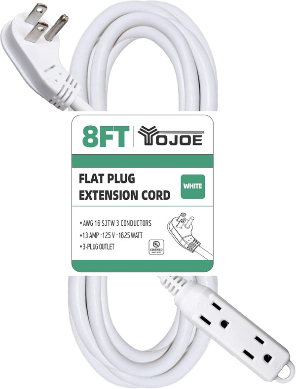 YOJOE 8 ft Flat Plug Extension Cord with 3 Outlets, 16/3 SJTW Heavy Duty for Christmas Lights