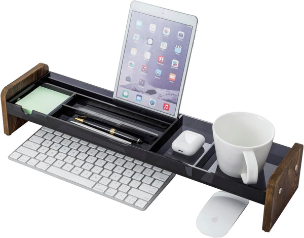 MyGift Premium Dark Gray Acrylic Desk Storage Tray with Rustic Wood Side Panel Legs for Office Supplies