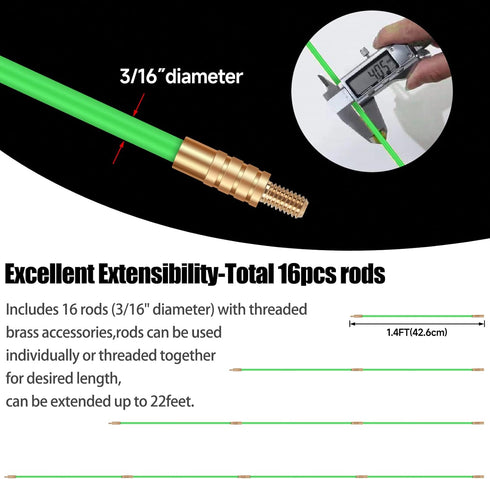 22FT Fiberglass Running Electrical Wire Cable Glow Rods, Fish Rods Electrical Kit with 8 Attachments