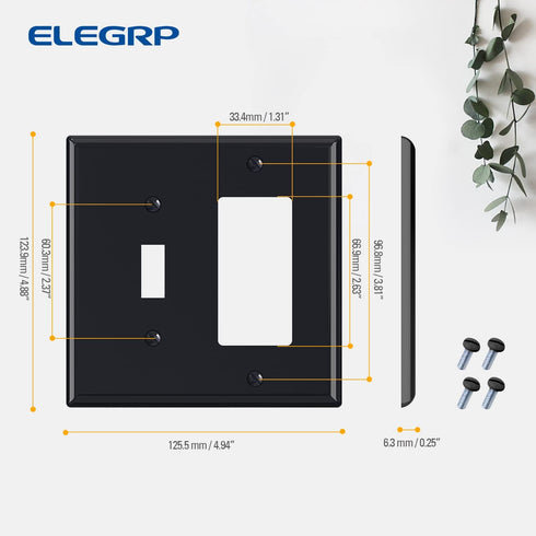 Combination Wall Plate ELEGRP, 2-Gang 1-Toggle Light Switch 1-Decorator/GFCI Device, Mid-Size Unbreakable Thermoplastic