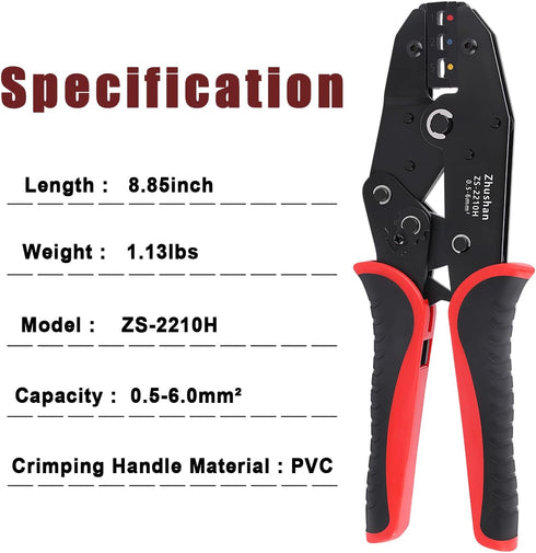 Zhushan Heat Shrink Connector Crimping Tool, AWG 22-10, Ratcheting Terminal Crimper for Electrical Wire