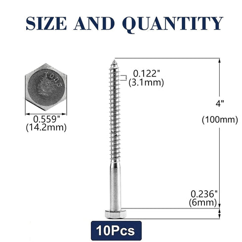 10 Pcs 3/8" x 4" Hex Head Lag Screws Bolts, 304 Stainless Steel 18-8, Partial Thread, Hexagon Head Wood Screws
