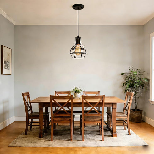 EFAYCRR Industrial Pendant Light, Rustic Farmhouse Pendant Light, Black Metal Wire Cage Hanging Light Fixture
