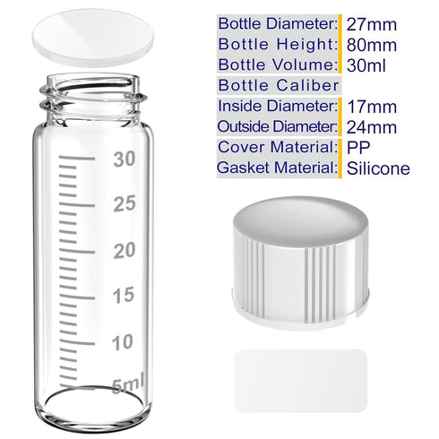 Sterile Empty Vials Small Glass Vials with Measuring Line,Brown/Clear Sample Vials with Screw Cap Liquid Sampling for Chemistry Lab Chemicals or Personal Storage (Clear,30ml 9pcs)