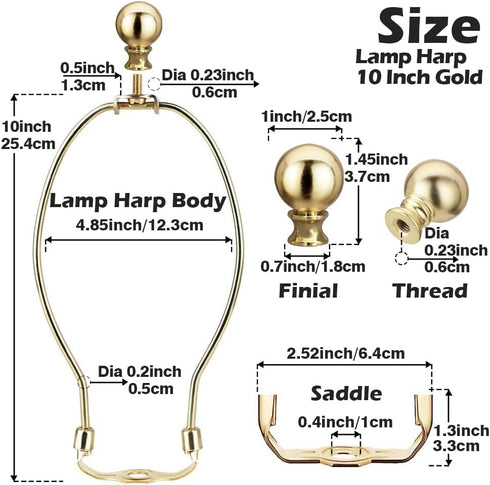 10 Inch Lamp Harp, Gold 2 Set Lamp Harps and Finial, Metal Lamp Shade Harp Holder, DIY Detachable Lampshade Bracket Adapter Hardware, Replacement Table & Floor Light Accessories Parts Repair by Asjeumt