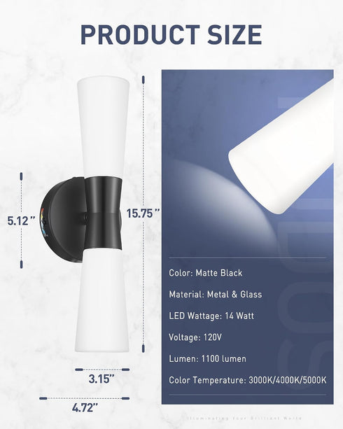 16inches Dimmerable 3000K/4000K/5000K KDVL13-BK kudos Wall Sconces Black Vanity Light Fixtures, Modern Sconces Wall