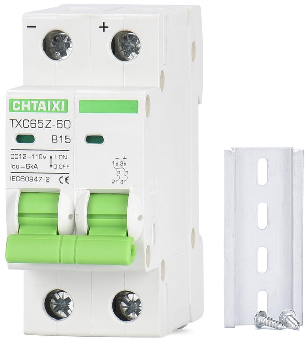 12V-110V DC Miniature Circuit Breaker, 15 Amp 2 Pole Battery Breaker Protector for Solar PV System and RV