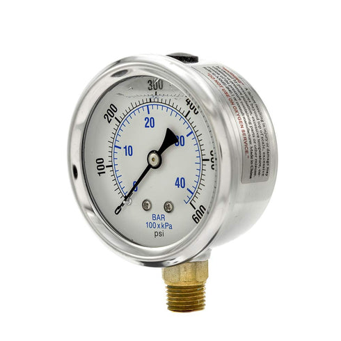 PIC Gauges PRO-201L-254K Pressure Gauge, 0-600 PSI, 2 1/2" Dial, 1/4" Male NPT, Bottom Mount, Glycerin Filled