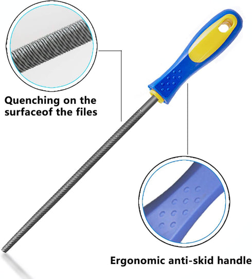 KALIM 8 Inch Round Hand File, High Carbon Hardened Steel with Ergonomic Grip, Plastic Non-Slip Handle