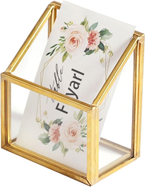 Feyarl Gold Glass Vertical Business Card Holder, Clear Name Card Display Stand for Office Meeting Desk