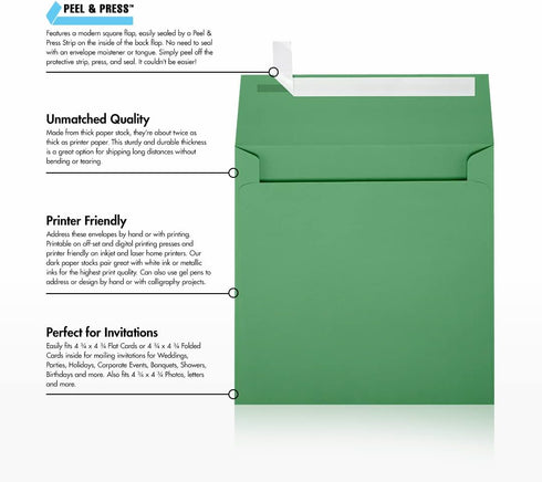 LUXPaper Square Invitation Envelopes, Peel & Press, 5" x 5", Holiday Green, 80lb. Text, 50 Qty